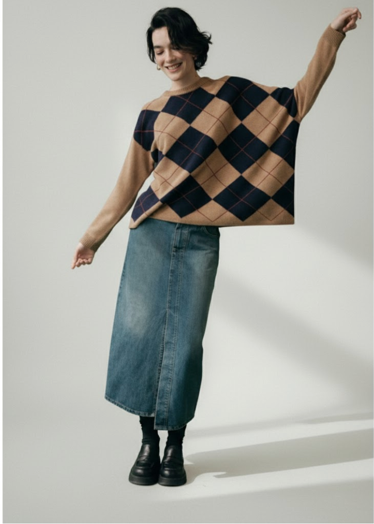 Pull oversize à motif carreaux camel et bleu marine
