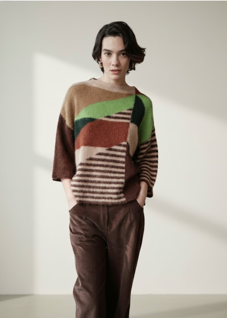 Pull à manches 3/4 motifs géométriques avec touche de vert