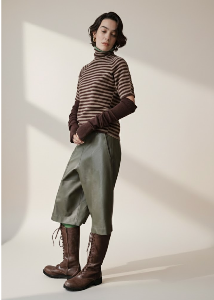 Pull col haut à rayures marron avec mitaines assorties