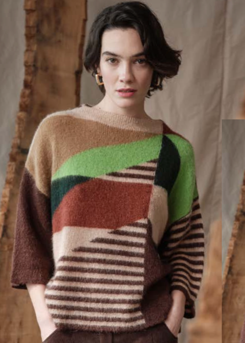 Pull à manches 3/4 motifs géométriques avec touche de vert