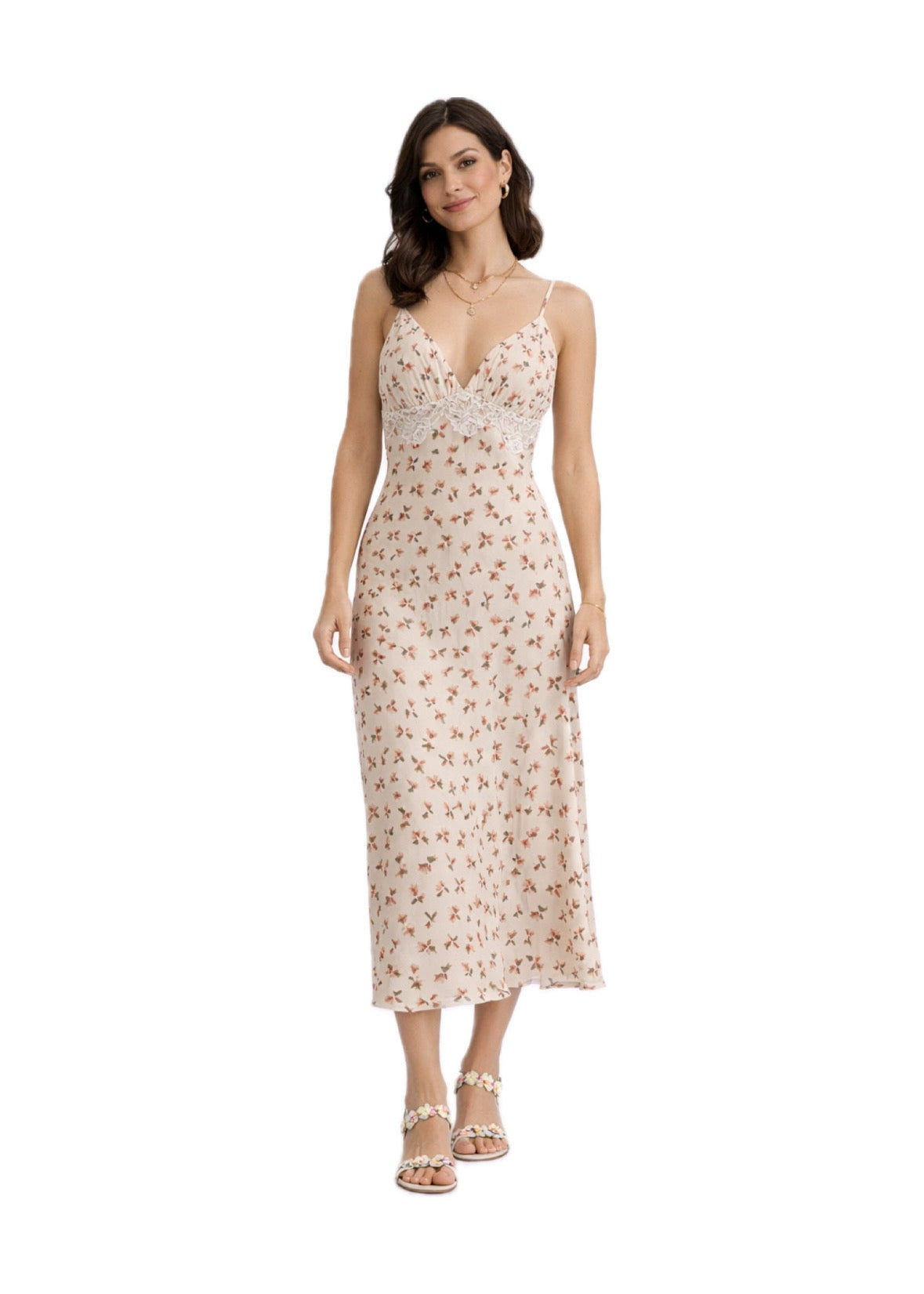 Robe fleurie col V avec détails en dentelle