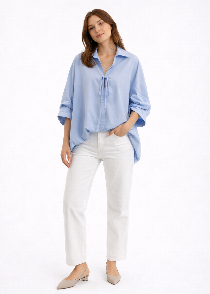 Chemisier oversize bleu effet noué