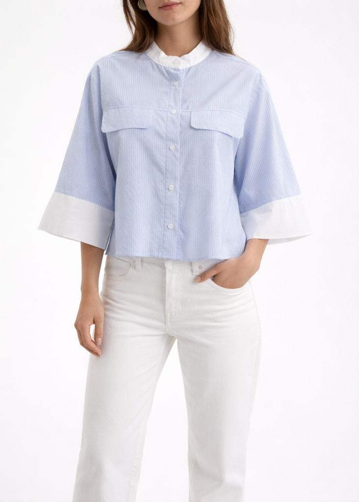 Chemise courte rayée bleu et blanc